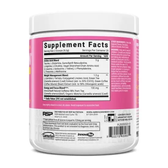 RSP Nutrition AminoLean Pre Workout Powder - Pink Lemonade - 205g image {2}
