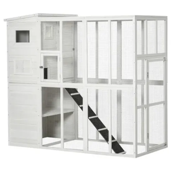 PawHut Cat House Outdoor Catio Kitty Enclosure with Platforms Run Lockable Doors and Asphalt Roof, 77" x 37" x 69" image {9}