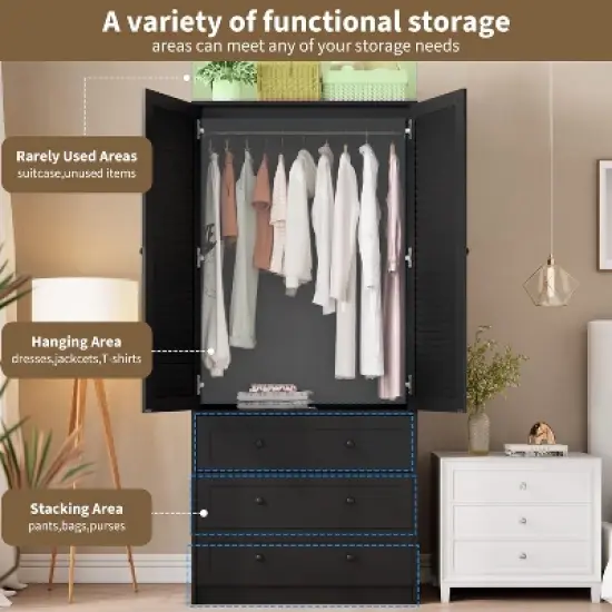 Armoire Wardrobe Closet Wooden Wardrobe Cabinet with 3 Drawers Hanging Rod 2 Doors Clothing Storage Cabinet Large Capacity Storage image {3}