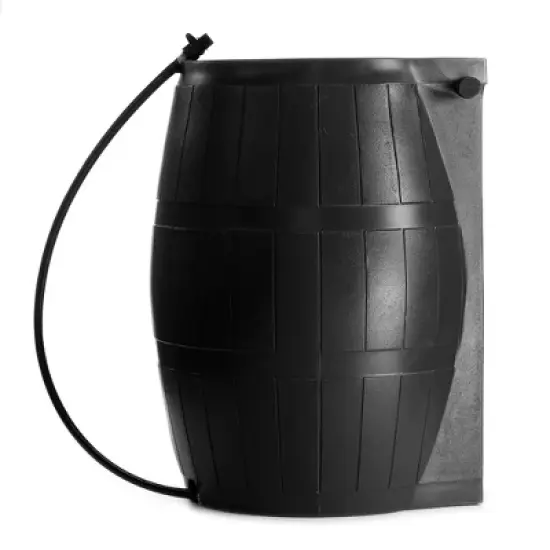FCMP Outdoor 50-Gallon BPA Free Flat Back Home Rain Catcher Water Storage Collection Barrel for Watering Outdoor Plants & Gardens, Black (2 Pack) image {3}
