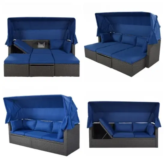 Outdoor Wicker Patio Daybed with Retractable Canopy, Sunbed with Ottoman and Height Adjustable Table, Daybed with Foam Cushions&ndash;Cuddlewood image {3}