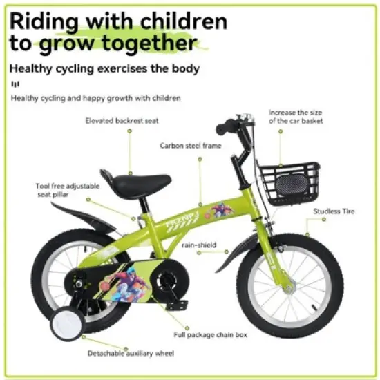 RISOKEYS Kids Bike with Training Wheels, Adjustable Seat and Handlebars, Durable Steel Frame - Front & Rear Brakes for Boys and Girls image {1}