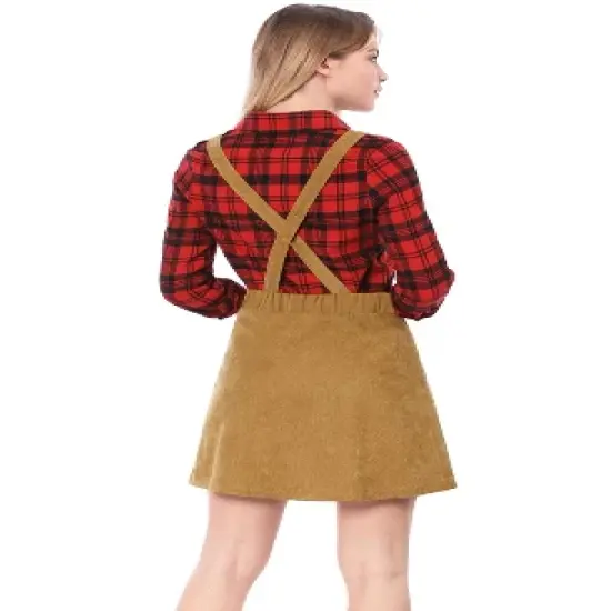 Allegra K Women's Corduroy Button Front A-Line Bib Overall Pinafore Skirts image {4}