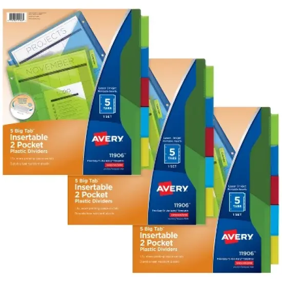 Avery Dividers for 3 Ring Binders, 5-Tab Binder Dividers, Two-Pocket Plastic Binder Dividers, Insertable Big Tab, Multicolor, 3 Sets (71906) image {8}