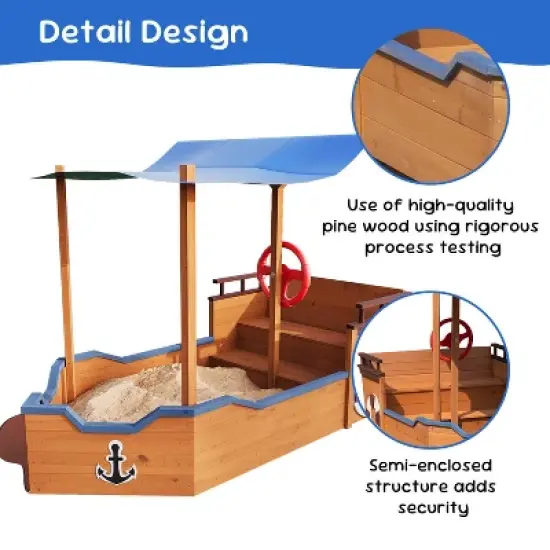 Outdoor Sandbox with Cover & Rudder, Pirate Ship Wooden Sand Box for Kids Ages 3-8, Children Outdoor Play Equipment, Brown image {3}
