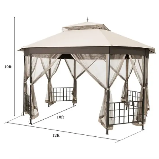 Costway 10'x12' Patio Gazebo Canopy Shelter Double Top Netting Sidewalls Beige image {1}