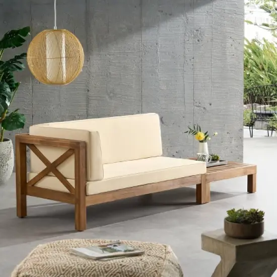 2pc Brava Outdoor Acacia Wood Left Arm Loveseat & Coffee Table with Cushion Teak/Beige - Christopher Knight Home image {3}