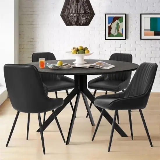 43'' Jones Solid Black Grain Round Dining Table With 4 Upholstered Faux Leather Tiny Armchairs With Metal Legs-The Pop Maison image {7}