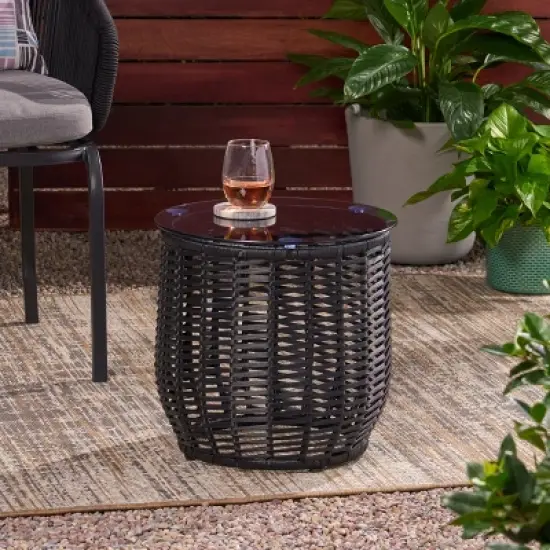 GDFStudio Laguna Outdoor 15.5" Wicker Glass Top Basket Side Table image {8}