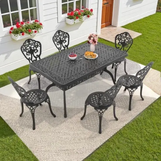 7-Piece Patio Set: Rectangle Table & 6 Chairs - Cast Aluminum, All-Weather/Umbrella Hole & Adjustable Legs for Balcony/Backyard image {1}