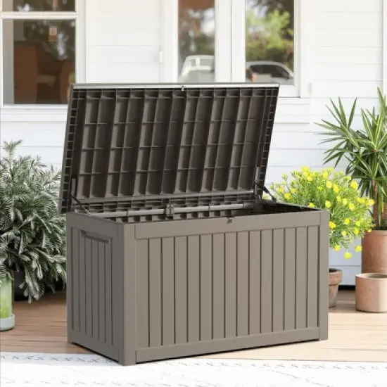 MAYEERTY 230 Gallon Large Capacity Outdoor Deck Box for Patio Furniture Cushions, Pillow with Wheels, Light Brown image {5}