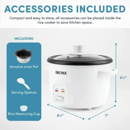 Aroma 4 Cup Pot Style Rice Cooker - White: Nonstick, Stay-Cool Handles, 1 Setting, 250W, Includes Glass Lid & Manual image {7}