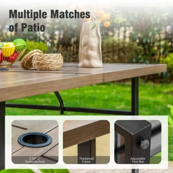 Captiva Designs 7pc Patio Wood-look Steel Dining Table with Umbrella Hole & Stackable Chairs with Bull's Eye Pattern image {14}