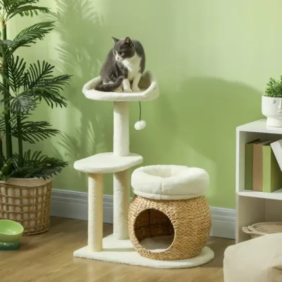 PawHut 31" Cat Tree Tower with Sisal Scratching Posts, Cat Condo, Cat Beds, Platform and Toy Ball, Cat Activity Center for Indoor Cats, Cream White image {2}