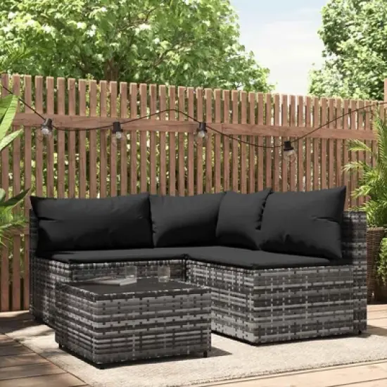 vidaXL 4 Piece Patio Lounge Set - Elegant Gray Poly Rattan with Cushions, Weather-Resistant, Sturdy Steel Frames, Tempered Glass Table, Modular Design image {1}