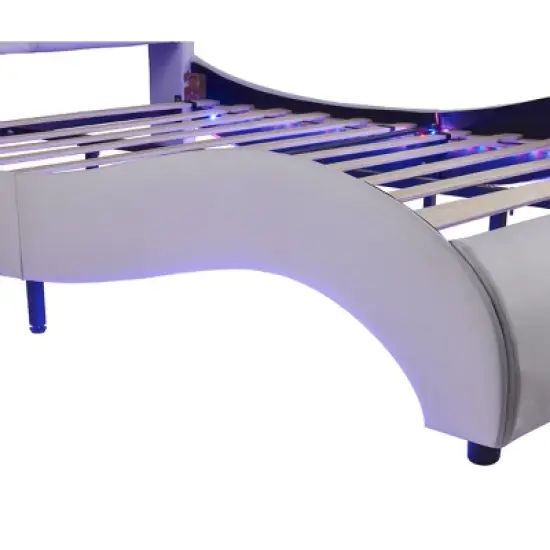 Upholstered Faux Leather Platform Bed with LED Light Bed Frame with Slatted-ModernLuxe image {9}