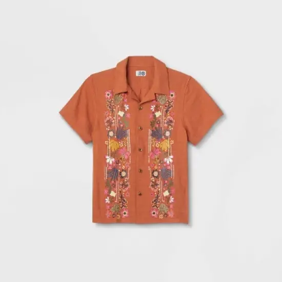 Latino Heritage Month Kids' Short Sleeve Floral Woven Button-Down Shirt - Orange image {1}