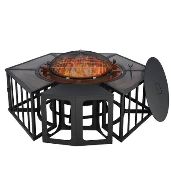 UPTION Steel Outdoor Fireplace with Side Tables image {9}
