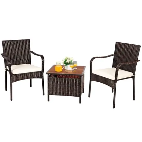 Costway 3PCS Patio Rattan Furniture Bistro Set Wood Side Table Stackable Chair image {9}
