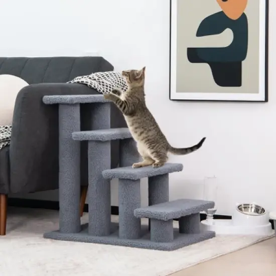 Tangkula 24" 4-Step Pet Stairs Carpeted Ladder Ramp 8 Scratching Post Cat Tree Climber image {2}