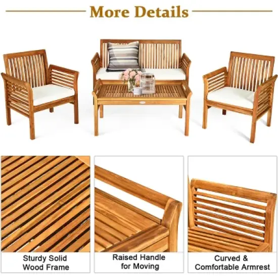 Tangkula 4-Piece Patio Acacia Wood Sofa Set Conversation Table Chairs with Beige Cushions image {8}