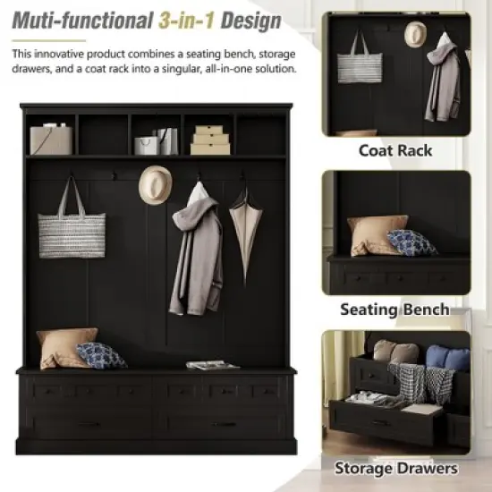 TiramisuBest Retro Farmhouse Hall Tree Bench with 5 Hooks, Lift-Top Storage & 2 Drawers - Entryway Organizer for Mudroom/Living Room (Black) image {4}