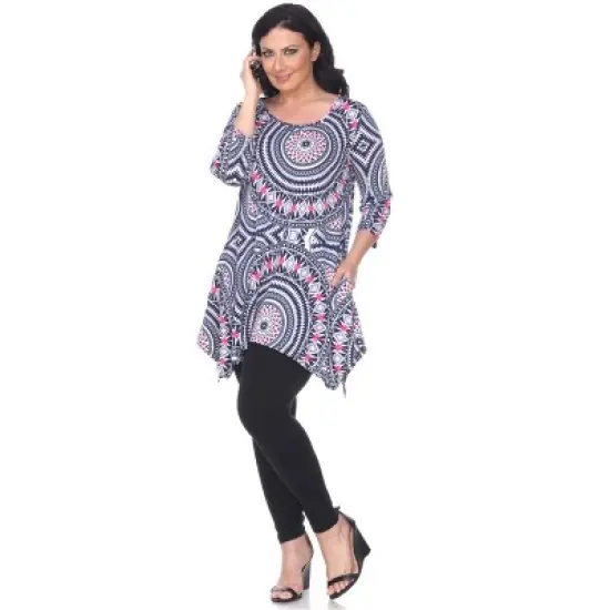 Women's Plus Size 3/4 Sleeve Printed Maji Tunic with Pockets - White Mark image {1}