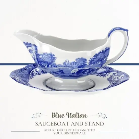 Spode Blue Italian 9 Oz Gravy Boat and Saucer, Earthenware Sauce Boat with Large Handle, Classic Countryside Design, Dishwasher & Microwave Safe image {1}