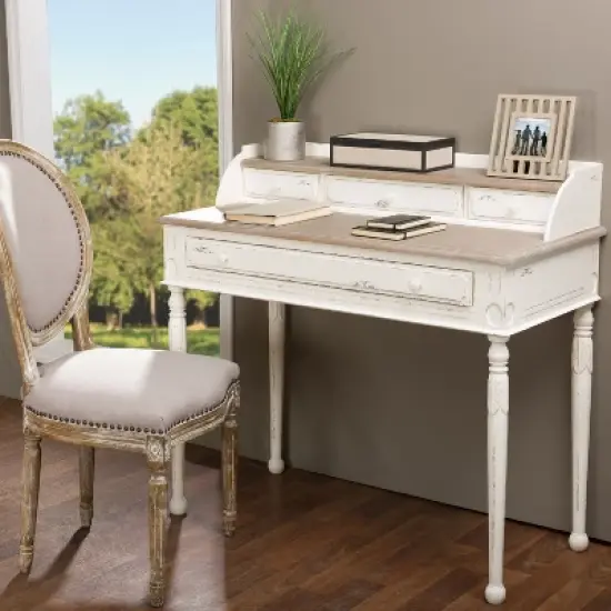 Anjou Traditional French Accent Writing Desk White/Light Brown - Baxton Studio image {3}