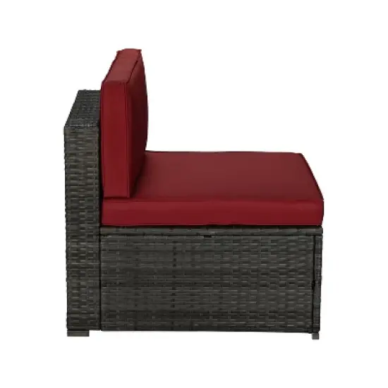 6pc Outdoor Rattan Wicker Conversation Set with Chairs, Coffee Table & Cushions - Gray/Red - GODEER image {5}