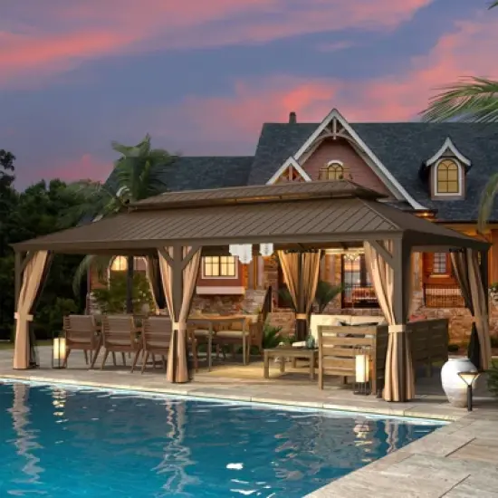 Erommy 14' X 24' Hardtop Gazebo, Galvanized Steel Metal Double Roof Aluminum Gazebos with Curtain and Netting image {1}