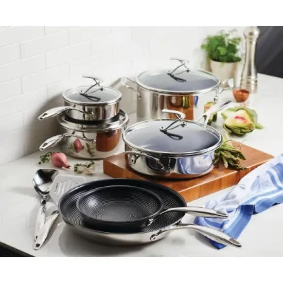 Circulon SteelShield C-Series 10pc Clad Tri-Ply Nonstick Cookware Plus Bonus Utensil Set: Stainless Steel, Induction Safe image {1}