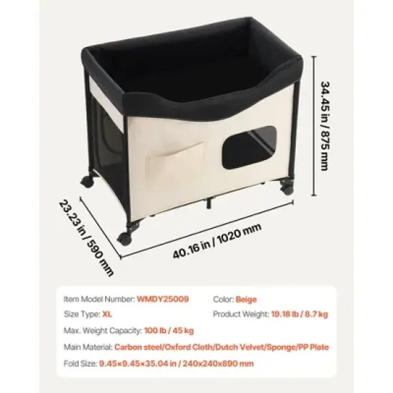 VEVOR Elevated Lounge Pet Bed, Foldable Bunk Dog Bed with 600D Oxford Cloth and Dutch Velvet, Portable Raised Cot with Wheels, XL, Beige image {7}