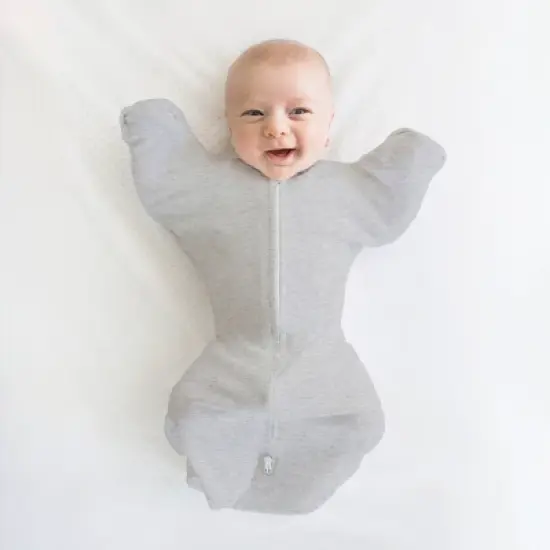 Transitional Swaddle Sack with Arms Up Half-Length Sleeves and Mitten Cuffs Wearable Blanket - Heathered Gray with Stripe image {2}