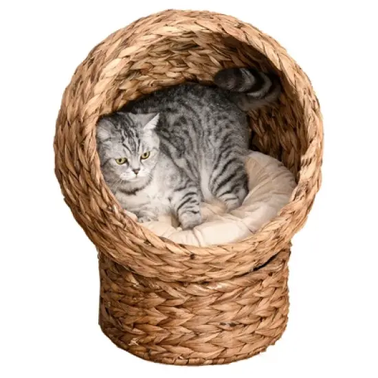 PawHut 20" Handwoven Elevated Cat Bed with Soft Cushion Cat Egg Chair Shape, Cat Basket Bed Raised Wicker Cat Bed for Indoor Cats, Brown image {3}