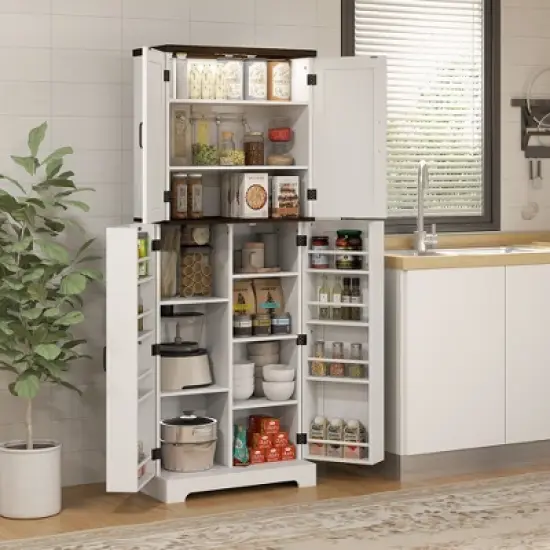 HOMCOM 64" Kitchen Pantry Storage Cabinet with Motion Sensor Light, Spice Racks and Adjustable Shelves, White image {1}