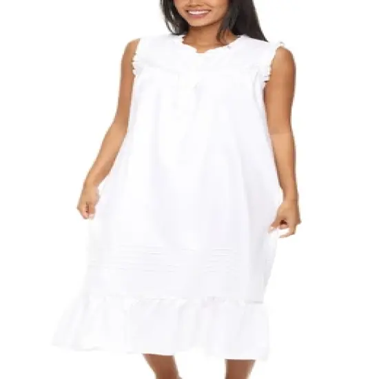 Women's Cotton Victorian Nightgown, Miriam Sleeveless Lace Trimmed Ruffled Long Vintage Night Dress Gown image {3}