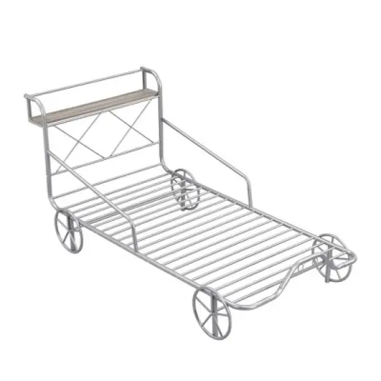 Twin Size Metal Car Bed with Four Wheels, Guardrails and X-Shaped Frame Shelf - ModernLuxe image {6}