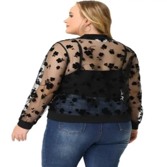 Agnes Orinda Women's Plus Size Bomber Mesh Sheer Floral Lace Long Sleeve Jackets image {3}