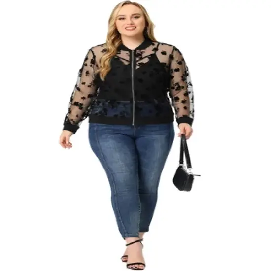Agnes Orinda Women's Plus Size Bomber Mesh Sheer Floral Lace Long Sleeve Jackets image {2}