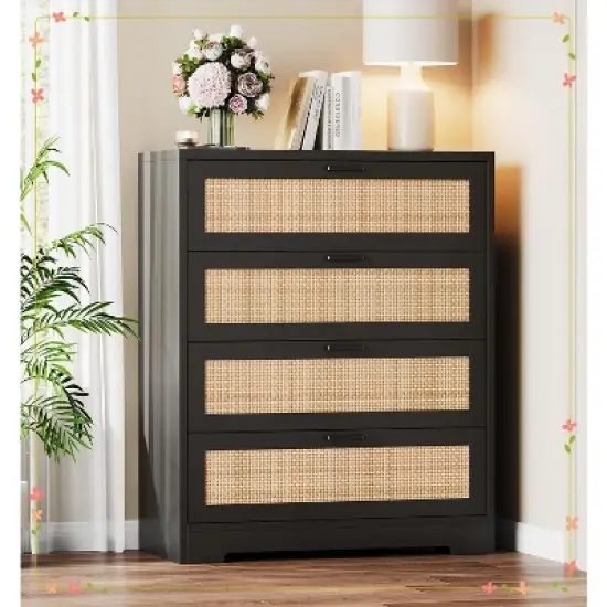 4 Drawer Dresser for Bedroom, Rattan Chest of Dressers, Modern Wood Tall Dresser with Power Outlets image {10}