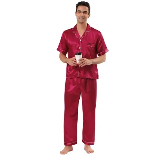 Lars Amadeus Men's Classic Satin Pajama Sets Short Sleeves Button Down Nightwear Sleepwears Loungewear Pjs image {8}