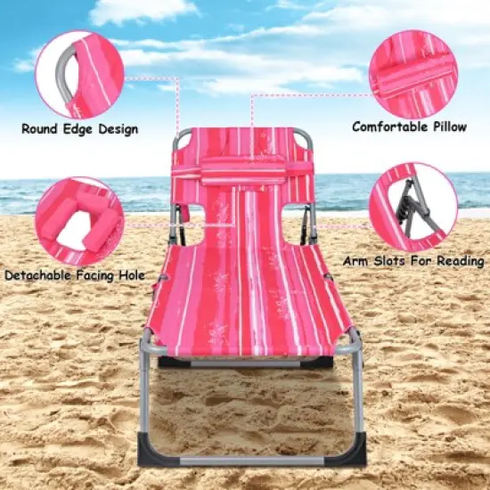 Tangkula Lounge Chair Beach Chair w/ Face Arm Hole Detachable Pillow Adjustable Backrest Side Pocket Outdoor Folding Chaise Sunbathing Chair Hot Pink image {7}