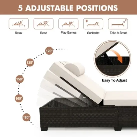 Outdoor PE Wicker Chaise Lounge Chairs, Pool Lounge Chairs Set of 2, Brown Rattan Pool Lounge Chairs Adjustable Backrest Recliners with Beige Cushion image {2}