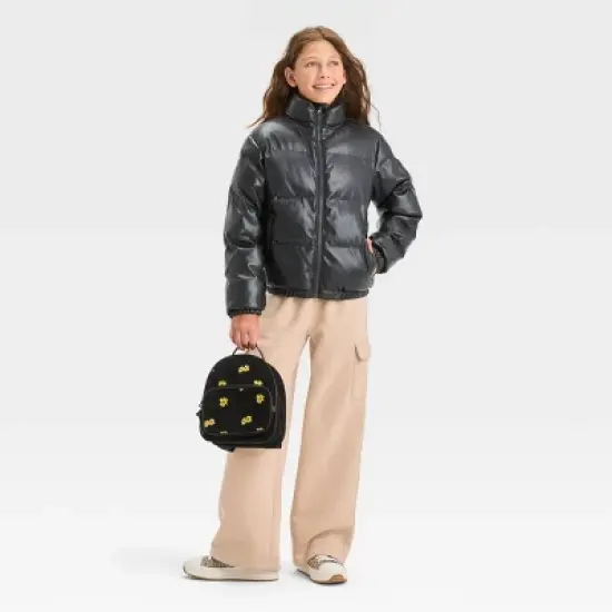 Girls' Solid Cropped Puffer Jacket - art class&trade; Black image {2}