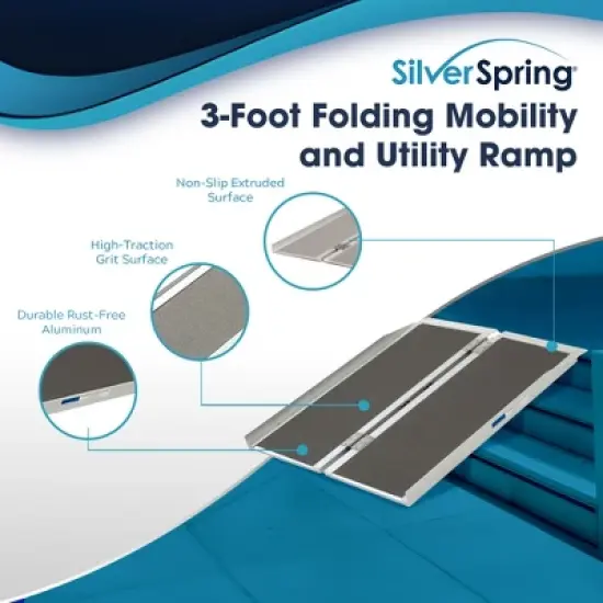 Silver Spring Mobility and Utility Ramp, 3 Foot Long Single Folding Textured Grit Traction Surface, 600 lb Capacity with 2 Inch Side Rails, Silver image {1}