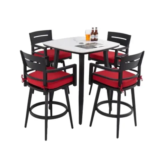 UNISOAR Modern 5PC Outdoor Patio Bar Set,Rounded Square Sintered Stone Table & 4 Swivel Bar Chairs,Non-Rust Aluminum Frame, Marble-Inspired Top image {11}