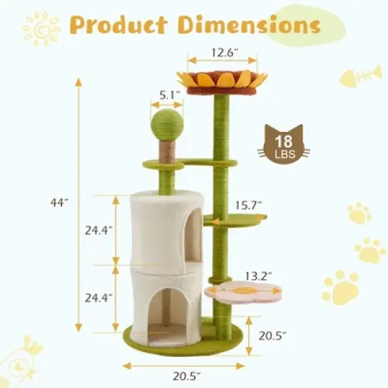 EROMMY 44" Sunflower Cat Tree, Multi-Functional Cozy Cat Tower,Green image {2}