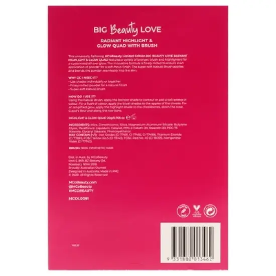 Big Beauty Love Radiant Highlight and Glow Quad With Brush by MCoBeauty for Women - 2 Pc 0.705oz Highlighter, Brush image {5}
