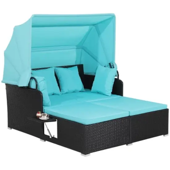 Tangkula Patio Hand-Woven PE Wicker Daybed Outdoor Loveseat Sofa Set w/ Turquoise Cushions image {8}